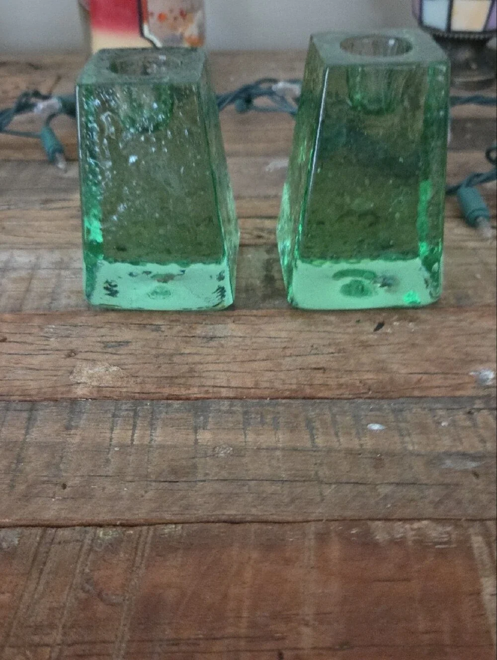 Fire and Light Signed Green Glass Taper Candle Holders - Pair